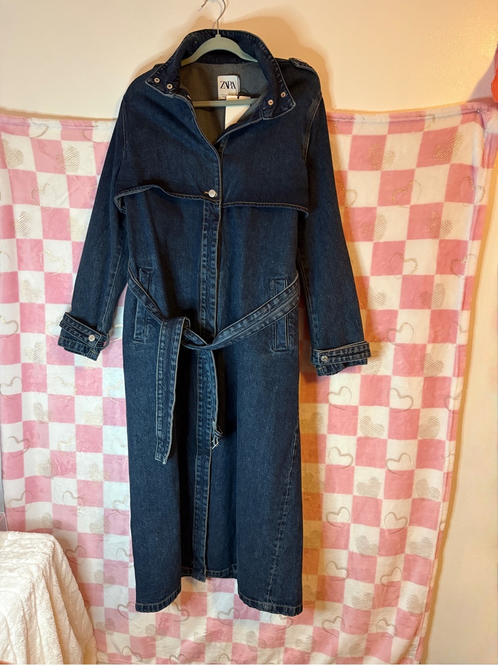 ZARA Dark Blue Denim Trench Coat with Belt